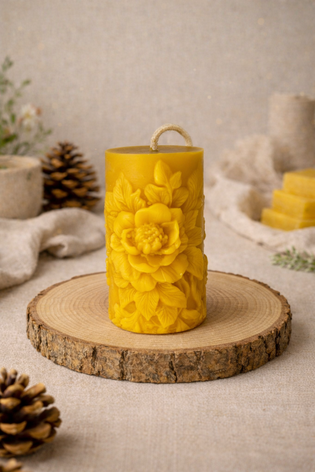 Tall Floral Beeswax Candle