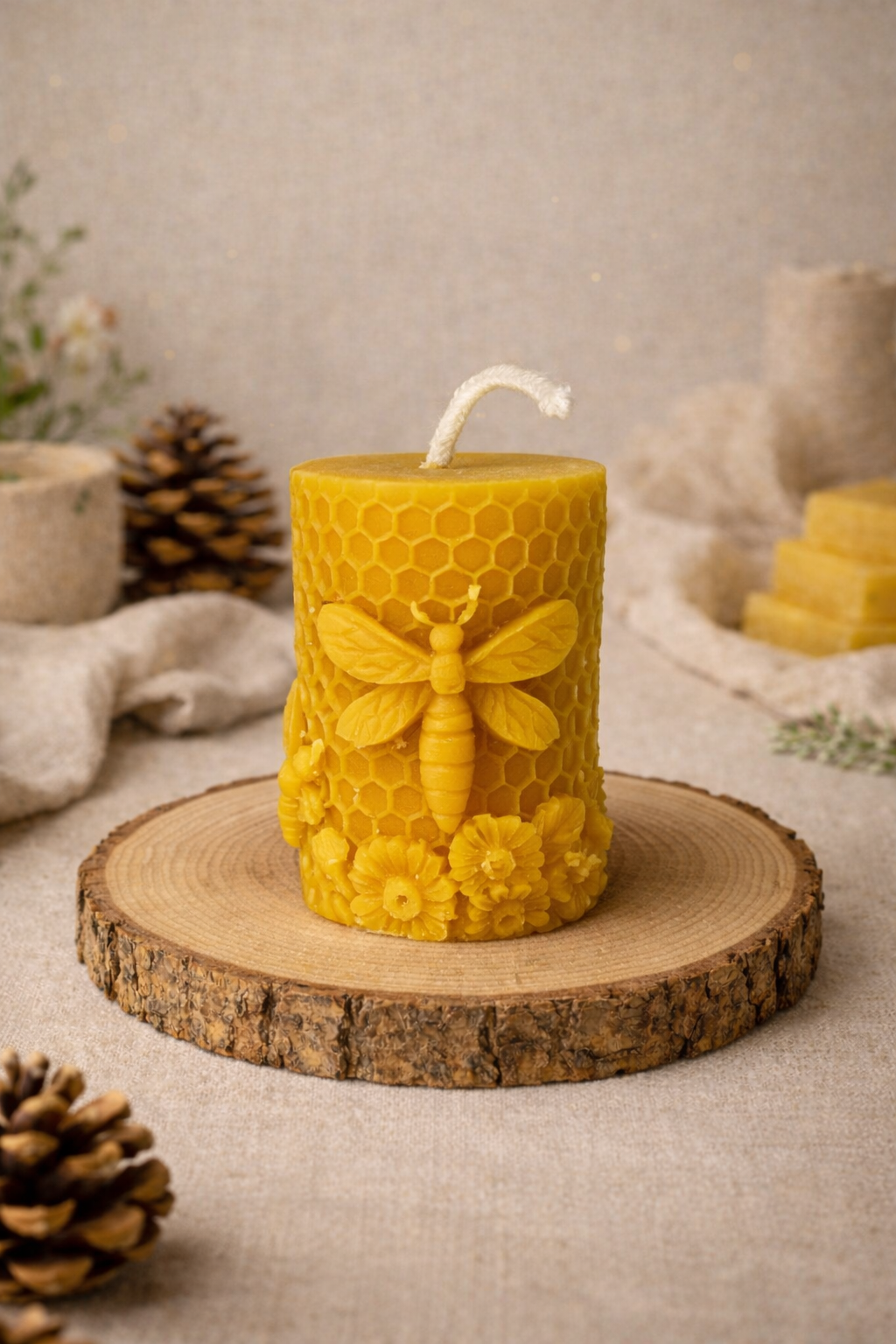 Bee Garden Cylinder Beeswax Candle