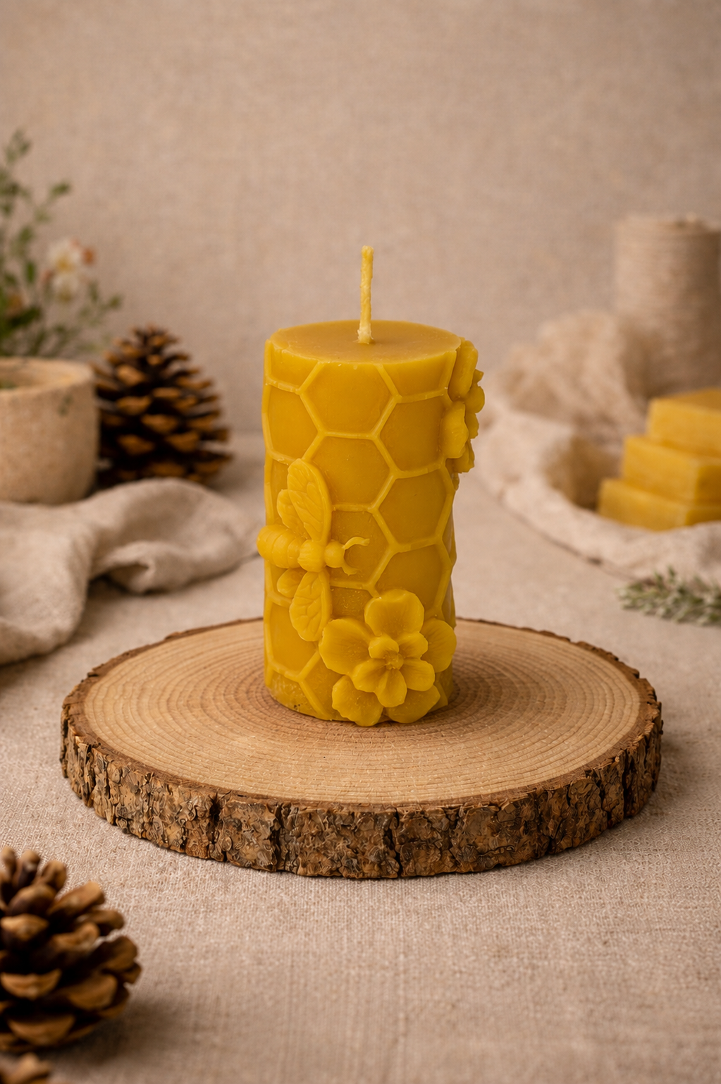 Bee & Blossom Pillar Beeswax Candle