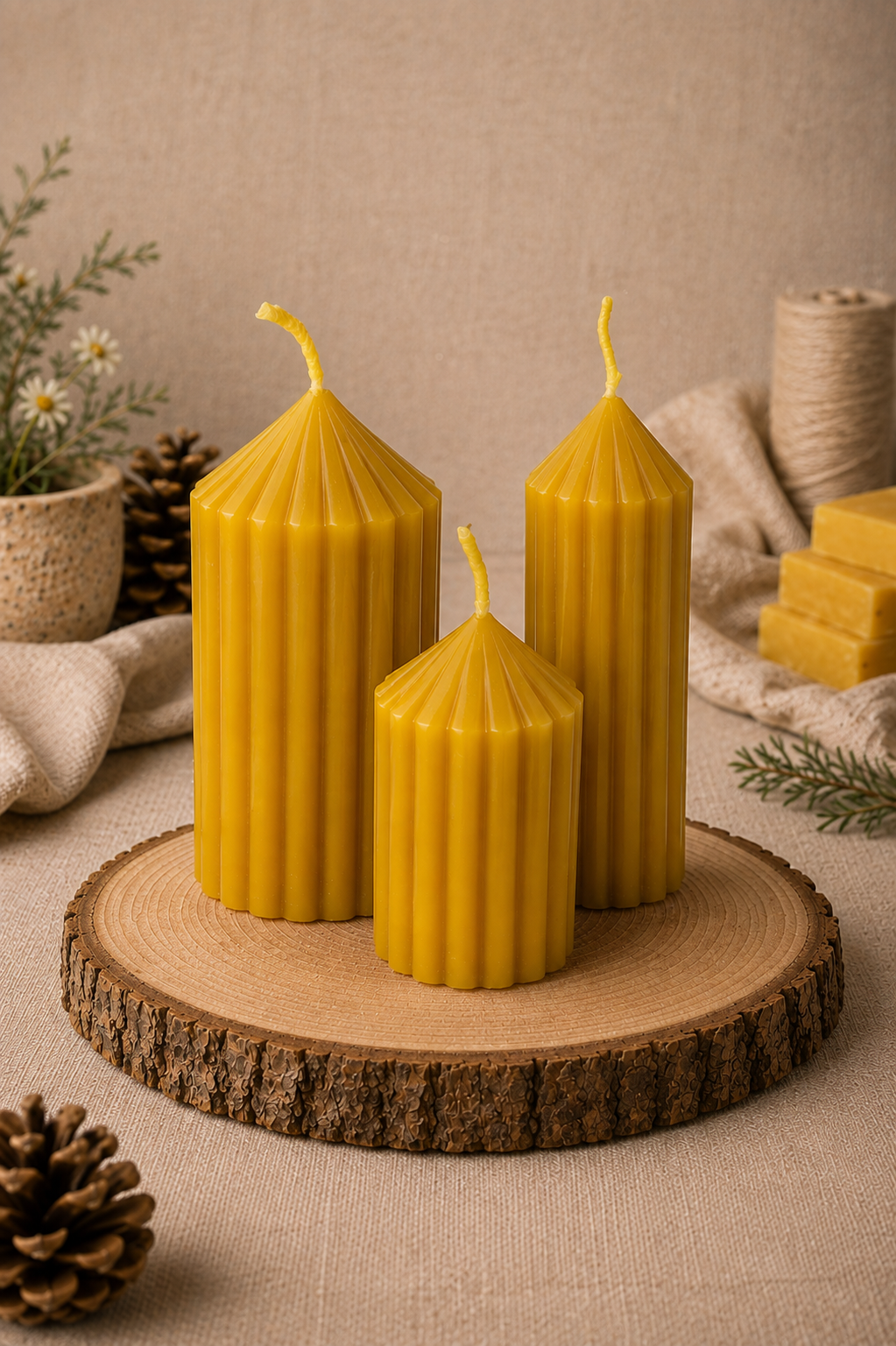 Fluted Pillar Beeswax Candle Trio Giftset